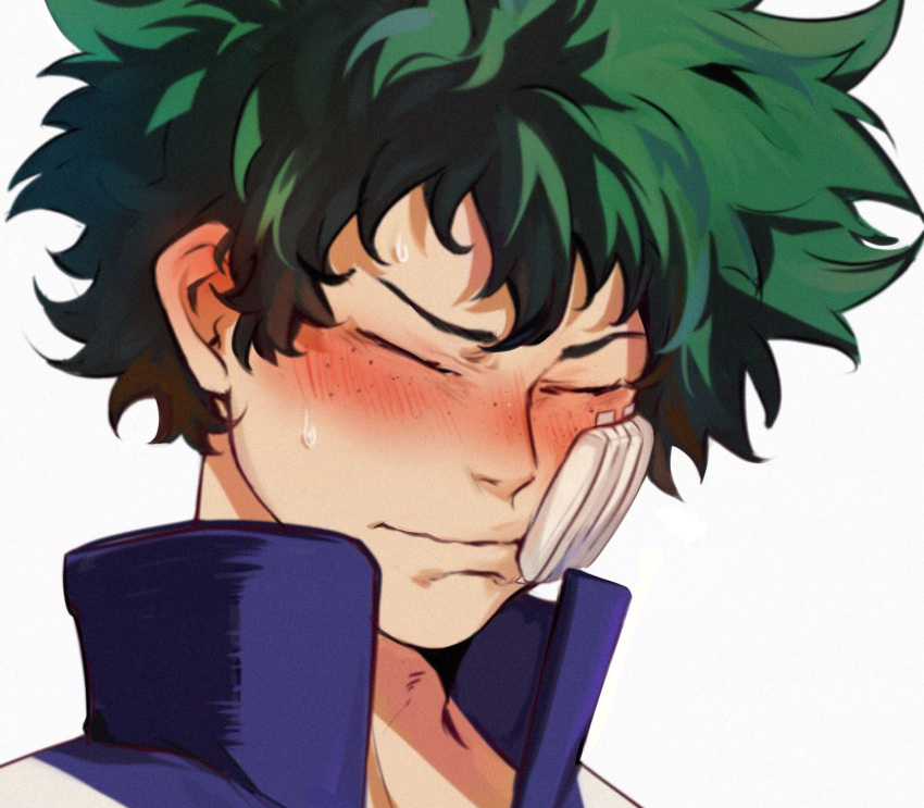 1boy, bandaid, bandaid_on_face, bangs, blue_shirt, blush, boku_no_hero_academia, closed_eyes, closed_mouth, collarbone, english_commentary, face, facing_down, freckles, green_hair, grey_background, highres, keva_(liltkeva), male_focus, messy_hair, midoriya_izuku, shirt, short_hair, simple_background, solo, sweat, upper_body, wavy_mouth