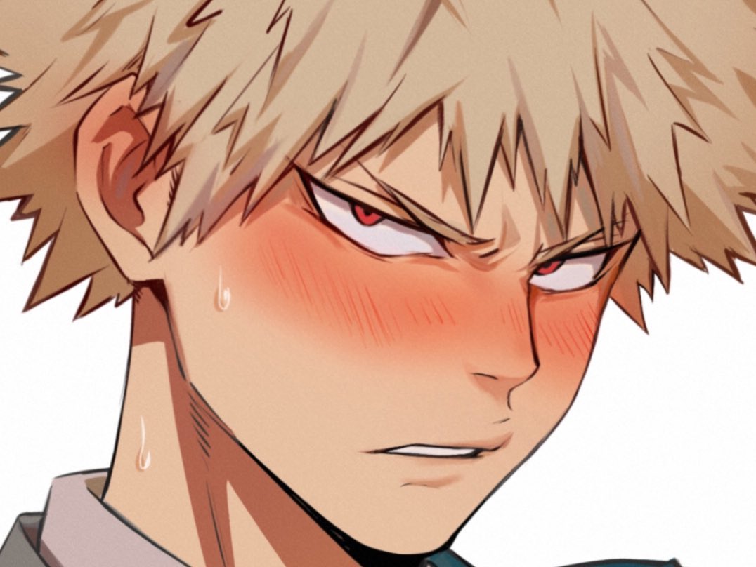 1boy, bakugou_katsuki, bangs, blonde_hair, blush, boku_no_hero_academia, close-up, english_commentary, face, keva_(liltkeva), looking_at_viewer, male_focus, parted_lips, red_eyes, short_hair, simple_background, solo, spiky_hair, sweatdrop, teeth, v-shaped_eyebrows, white_background