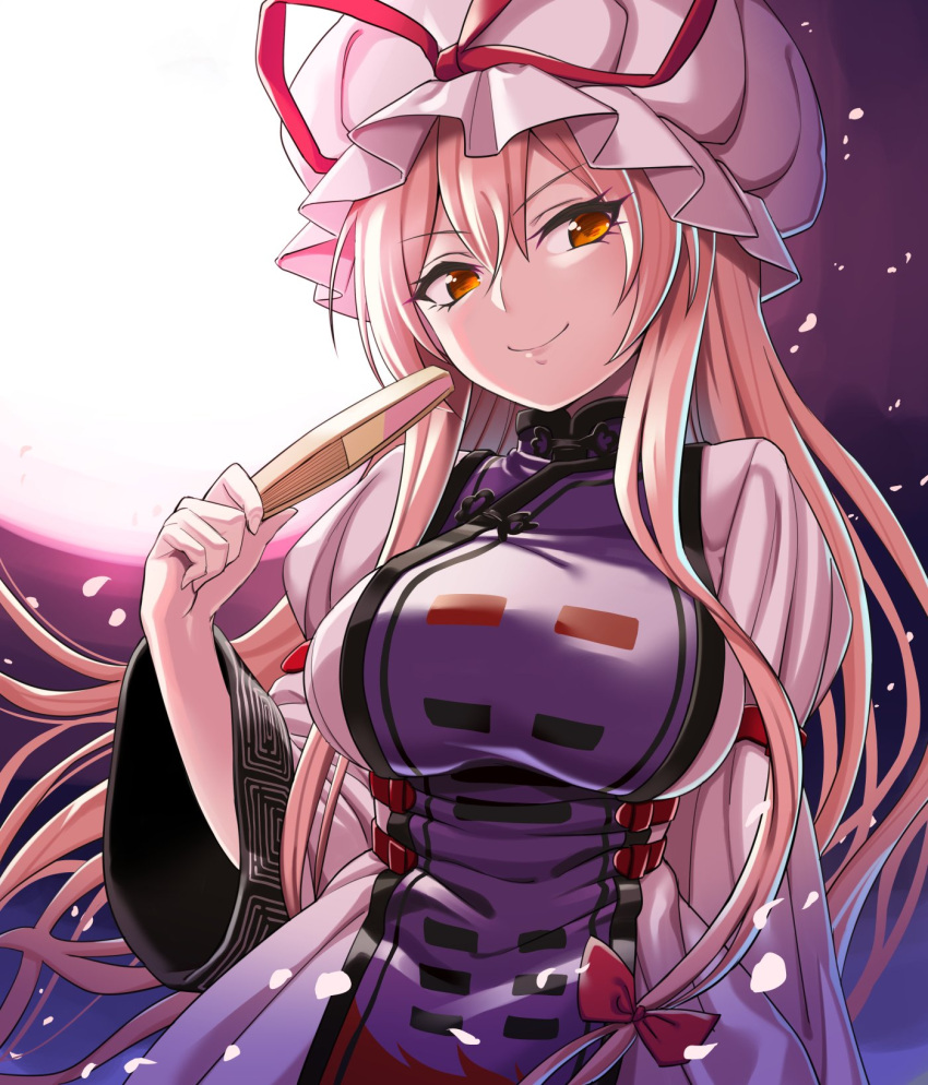 1girl, dress, fan, highres, long_hair, looking_at_viewer, moon, night