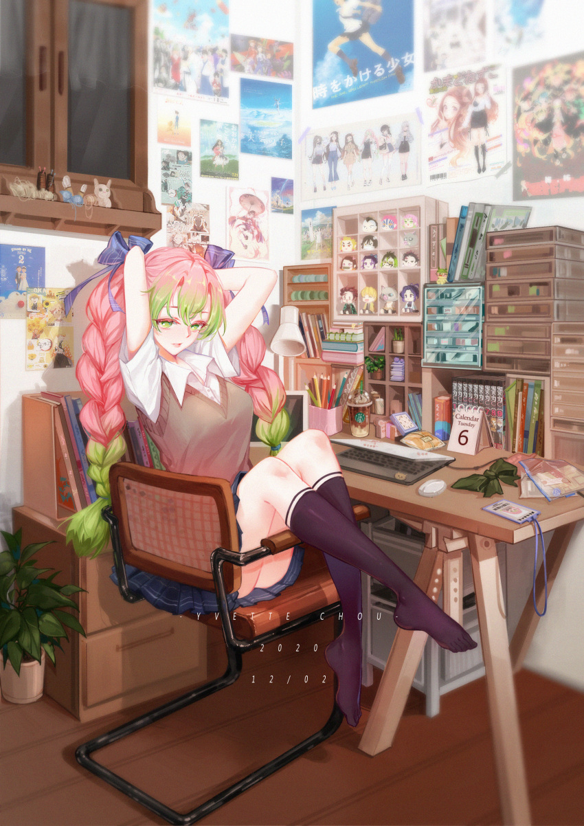 1girl, absurdres, agatsuma_zenitsu, arms_behind_head, artist_name, bangs, black_legwear, blue_bow