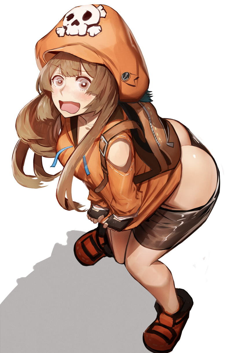 1girl, ass, bangs, bike_shorts, black_gloves, black_shorts, blunt_bangs, blush