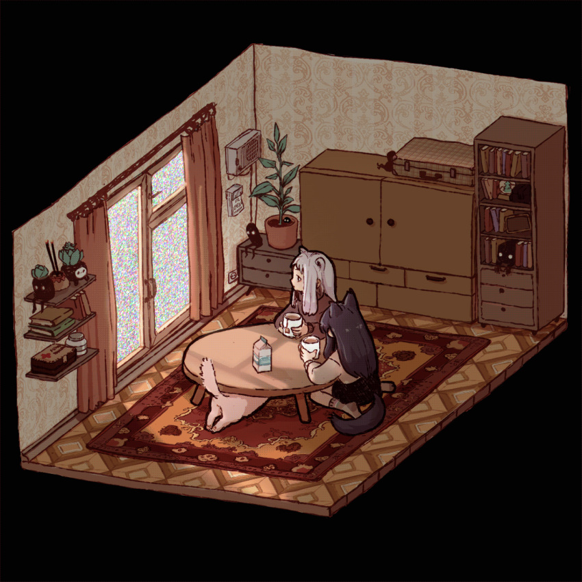 2girls, air_conditioner, animal, animal_ears, animated, animated_gif, ave, bangs, black_hair, blinking, book, bookshelf, calendar_(object), carpet, closed_mouth, closet, commentary, creature, cup, curtains, dog, dog_ears, dog_girl, dog_tail, electric_socket, english_commentary, first_aid_kit, floor, from_above, from_side, grey_legwear, grey_shirt, highres, holding, holding_cup, indoors, interior, isometric, jar, long_hair, long_sleeves, looking_to_the_side, milk, multiple_girls, original, plant, room, russian_text, shelf, shirt, sitting, skirt, smile, socks, suitcase, sweater, table, tail, tea, turtleneck, turtleneck_sweater, wall, white_hair, window