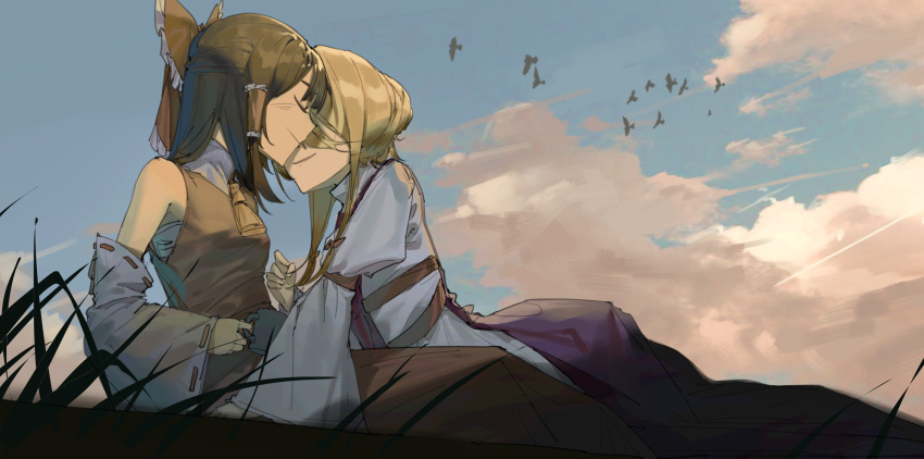 2girls, alternate_hair_length, alternate_hairstyle, arm_strap, bangs, bird, blonde_hair, blue_sky, blunt_bangs, breasts, brown_hair, closed_eyes, clouds, covered_eyes, cup, day, detached_sleeves, dress, frilled_hair_tubes, frilled_ribbon, frills, grass, hair_between_eyes, hair_bun, hair_ribbon, hair_tubes, hakurei_reimu, high_collar, highres, holding, holding_cup, holding_hair, long_hair, long_skirt, long_sleeves, multiple_girls, nudge, on_ground, outdoors, puffy_long_sleeves, puffy_sleeves, red_ribbon, red_skirt, ribbon, ribbon-trimmed_sleeves, ribbon_trim, sarashi, shirt, short_hair, short_hair_with_long_locks, sidelocks, sitting_on_ground, sjudchvd, skirt, sky, sleeveless, sleeveless_shirt, small_breasts, smile, sunset, tabard, touhou, white_dress, wide_sleeves, yakumo_yukari, yellow_neckwear, yuri