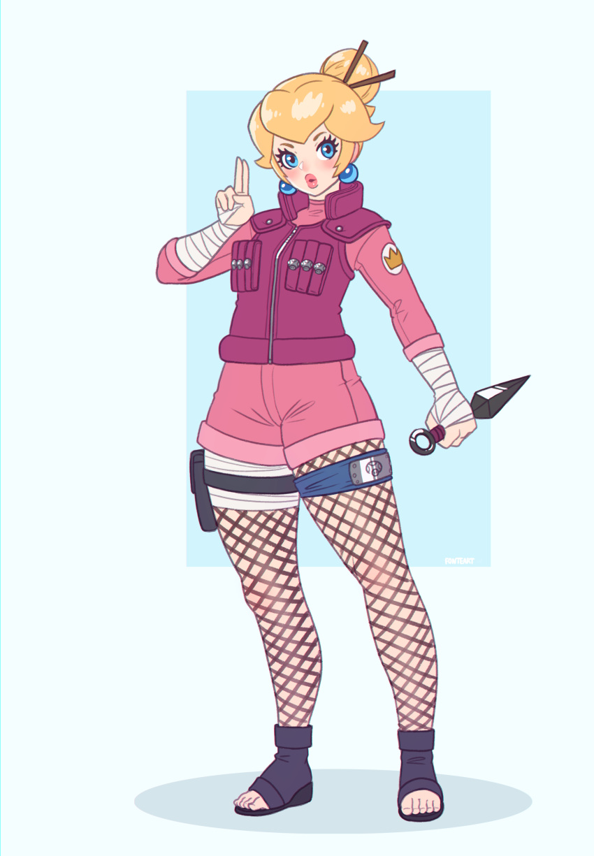 1girl, absurdres, adapted_costume, alternate_costume, bandaged_arm, bandaged_hands, bandages, blonde_hair, blue_eyes, commentary, copyright_request, earrings, english_commentary, fishnet_legwear, fishnets, fonteart, forehead_protector, gem, hair_bun, hand_gesture, highres, jacket, jewelry, kunai, super_mario_bros., naruto_(series), ninja, parted_lips, pink_jacket, pink_shirt, pink_shorts, pouch, princess_peach, sandals, shirt, shorts, turtleneck, uniform, weapon