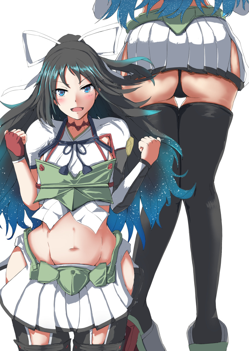 1girl, armor, ass, black_hair, black_panties, blue_eyes, fingerless_gloves, gloves
