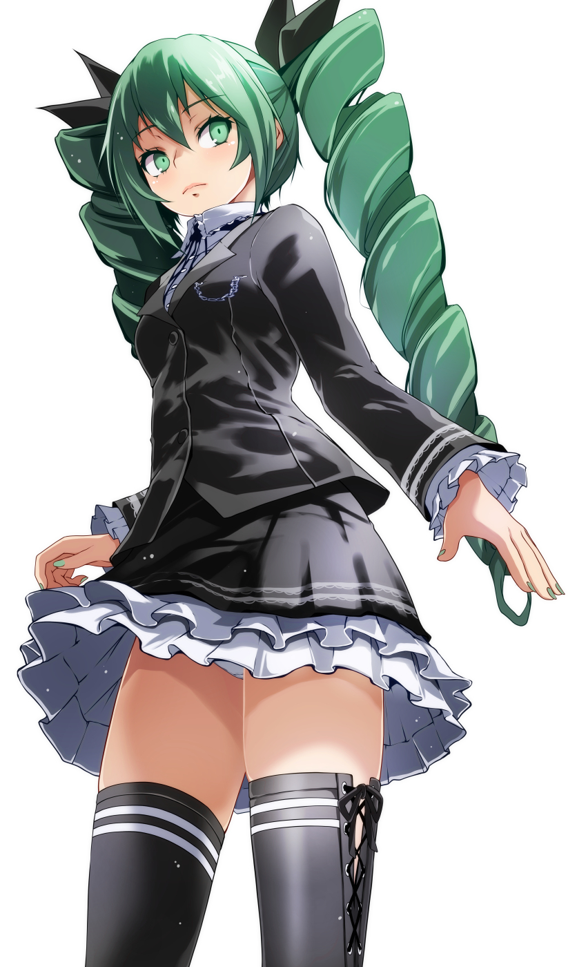 1girl, black_legwear, black_ribbon, black_shirt, black_skirt, chain, commentary, cowboy_shot