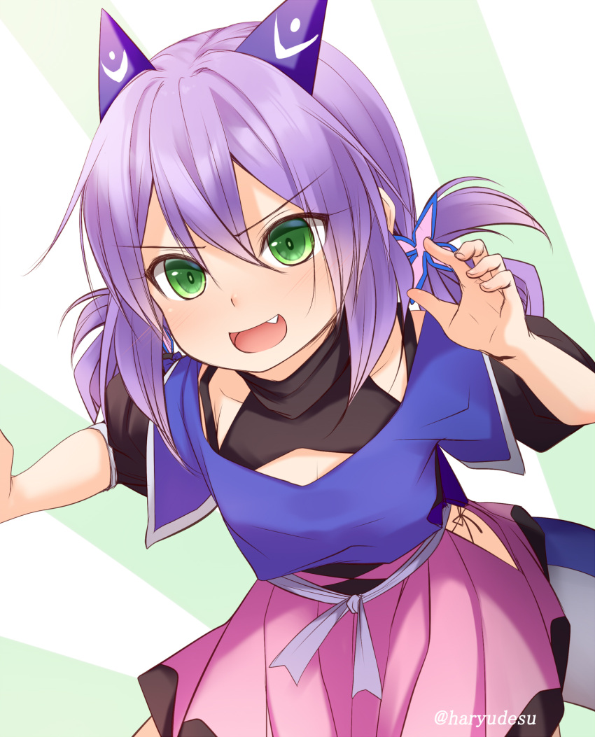 1girl, :d, bangs, black_shirt, blue_shirt, commentary_request, dragon_girl, dragon_horns, dragon_tail, eyebrows_visible_through_hair, fang, flatorte_(slime_taoshite_300_nen), green_eyes, hair_between_eyes, haryuu_(poetto), highres, horns, long_hair, looking_at_viewer, low_twintails, open_mouth, pink_skirt, pleated_skirt, puffy_short_sleeves, puffy_sleeves, purple_hair, shirt, short_sleeves, skirt, slime_taoshite_300_nen_shiranai_uchi_ni_level_max_ni_nattemashita, smile, solo, sunburst, sunburst_background, tail, twintails, twitter_username, v-shaped_eyebrows