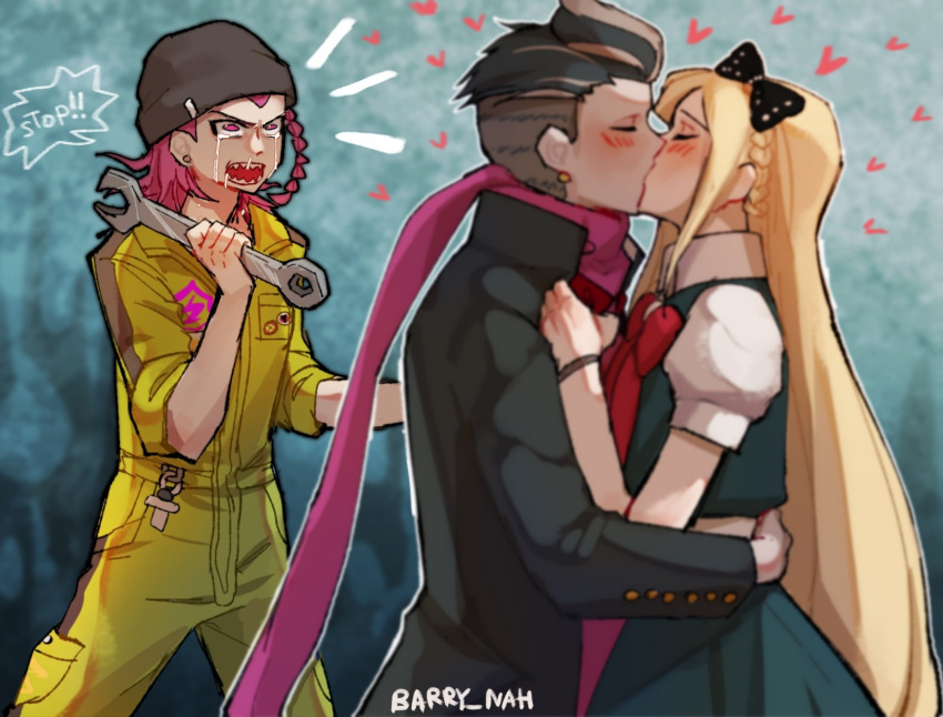 1girl, 2boys, bangs, barry_nah, black_coat, black_hair, blonde_hair, blurry