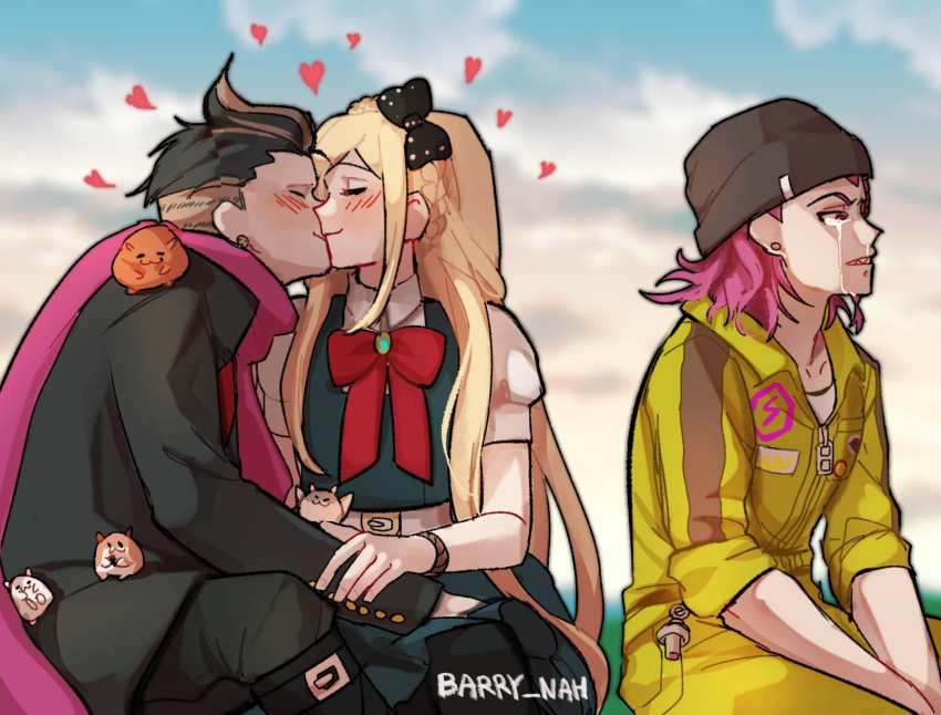 1girl, 2boys, barry_nah, beanie, black_bow, black_coat, black_hair, black_headwear