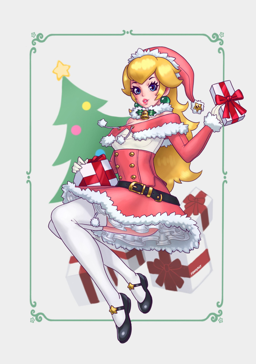 1girl, adapted_costume, alternate_costume, bell, belt, black_footwear, blonde_hair, blue_eyes, bodice, christmas, christmas_present, christmas_tree, commentary, english_commentary, fonteart, gem, gloves, hat, highres, jewelry, looking_at_viewer, super_mario_bros., neck_bell, parted_lips, pink_headwear, pink_lips, princess_peach, santa_costume, santa_hat, signature, thigh-highs