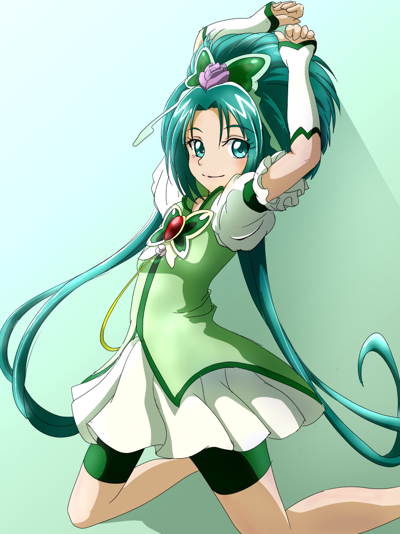 1girl, akimoto_komachi, bike_shorts, boots, brooch, butterfly_hair_ornament, cure_mint, detached_sleeves