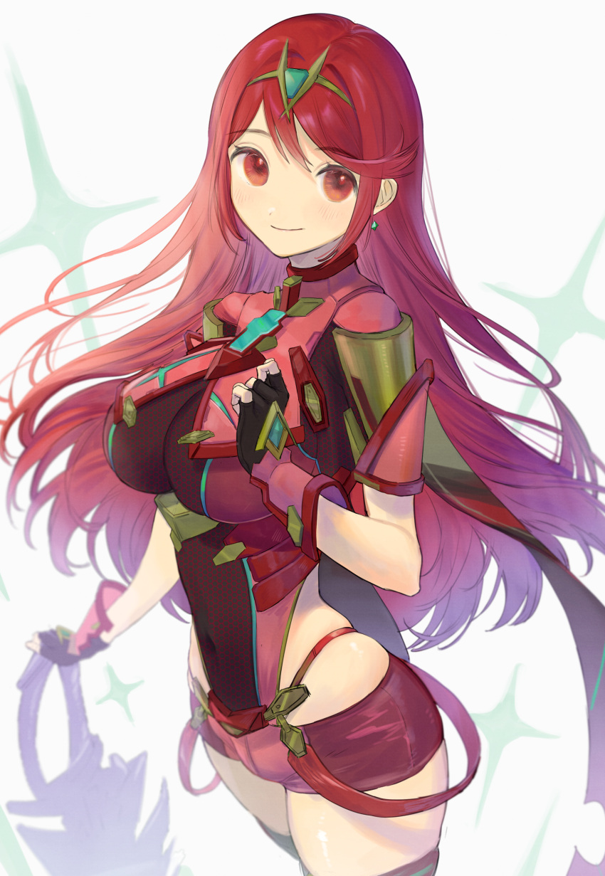 1girl, aegis_sword_(xenoblade), alternate_hair_length, alternate_hairstyle, bangs, black_gloves, breasts, chest_jewel
