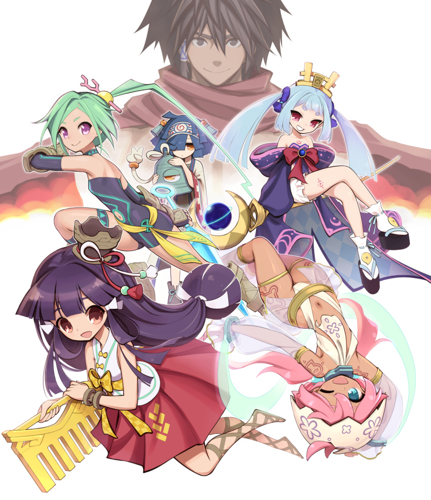 1boy, 5girls, armpits, bare_shoulders, belt, bike_shorts, black_bodysuit, black_gloves
