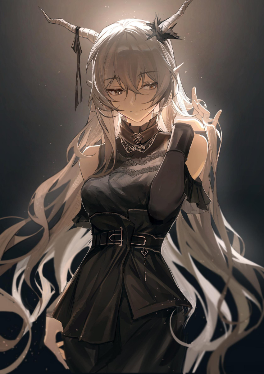 1girl, 52hertz, arknights, black_dress, blurry, cowboy_shot, depth_of_field, dress