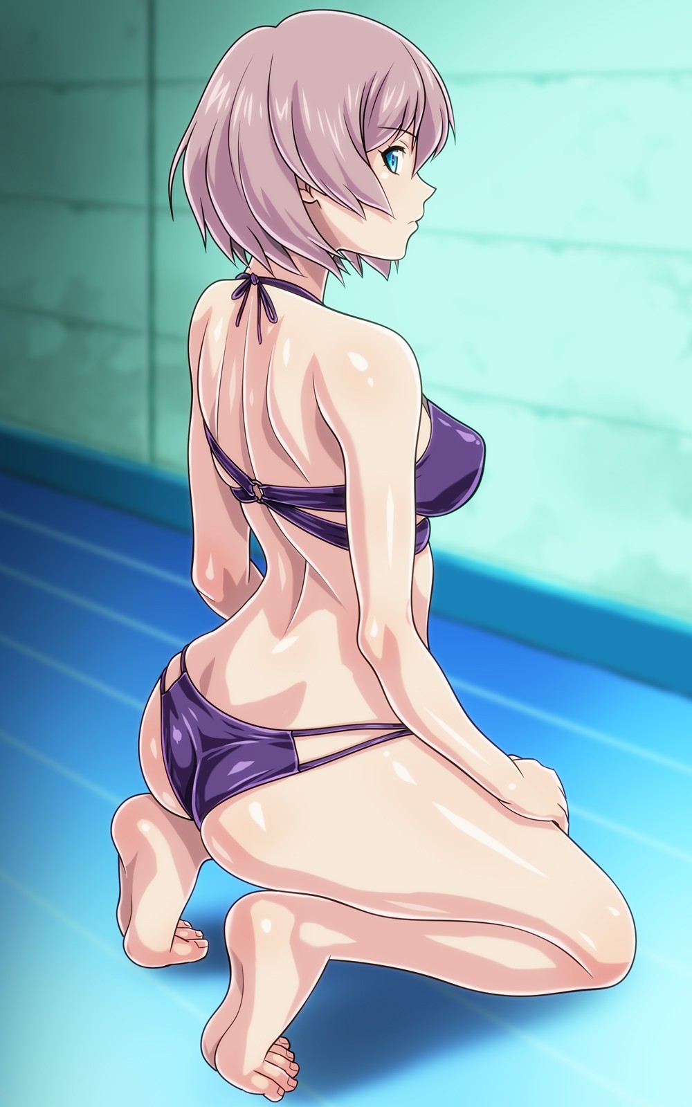 1girl, ass, bikini, blue_eyes, breasts, brown_hair, from_behind, full_body