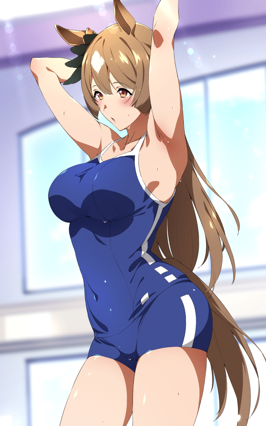 1girl, animal_ears, armpits, black_ribbon, blue_swimsuit, breasts, brown_eyes, brown_hair, commentary_request, covered_navel, hair_ribbon, highres, horse_ears, horse_girl, horse_tail, large_breasts, long_hair, one-piece_swimsuit, ribbon, satono_diamond, solo, sugarbeat, swimsuit, symbol_commentary, tail, thighs, umamusume, wet