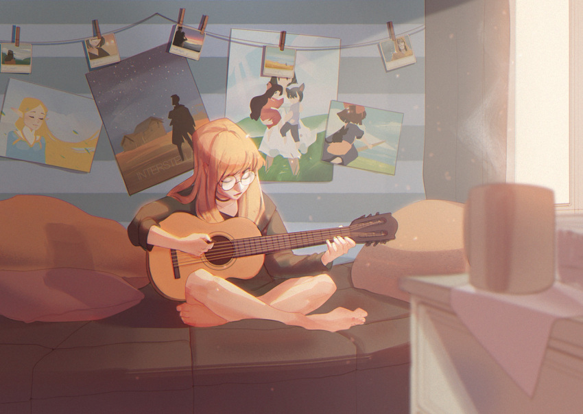1girl, ave, bangs, barefoot, blonde_hair, character_request, choker, closed_eyes
