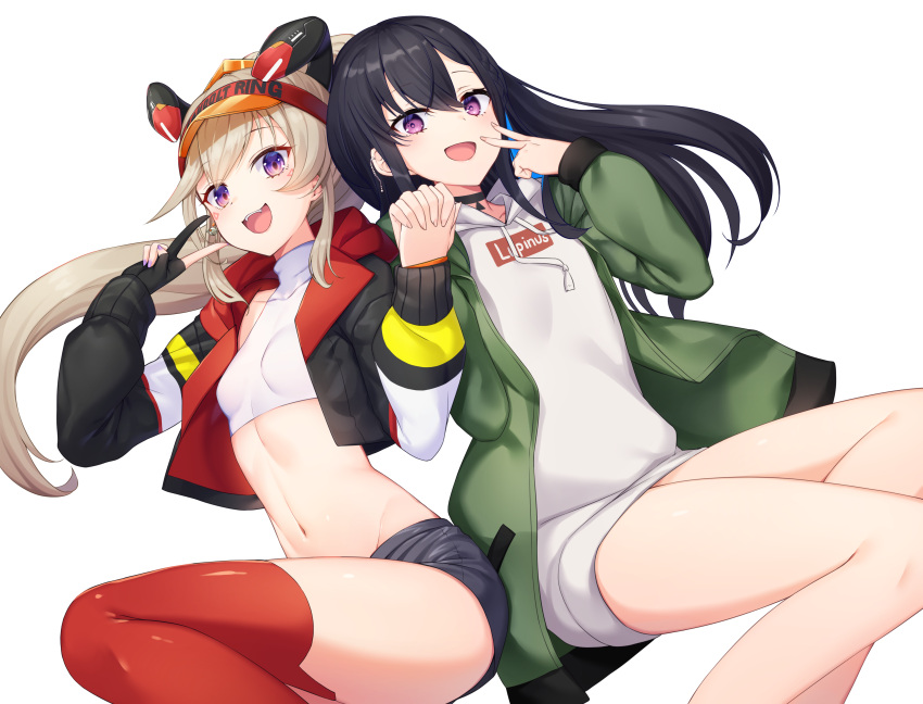 2girls, :d, absurdres, animal_ears, black_choker, black_gloves, black_hair, black_jacket