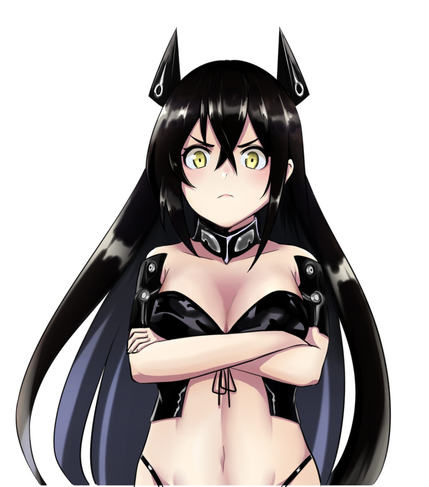 1girl, black_hair, breasts, crossed_arms, frown, girls_frontline, highres, judge_(girls_frontline), long_hair, medium_breasts, reizo_ne, sangvis_ferri, solo, very_long_hair, yellow_eyes
