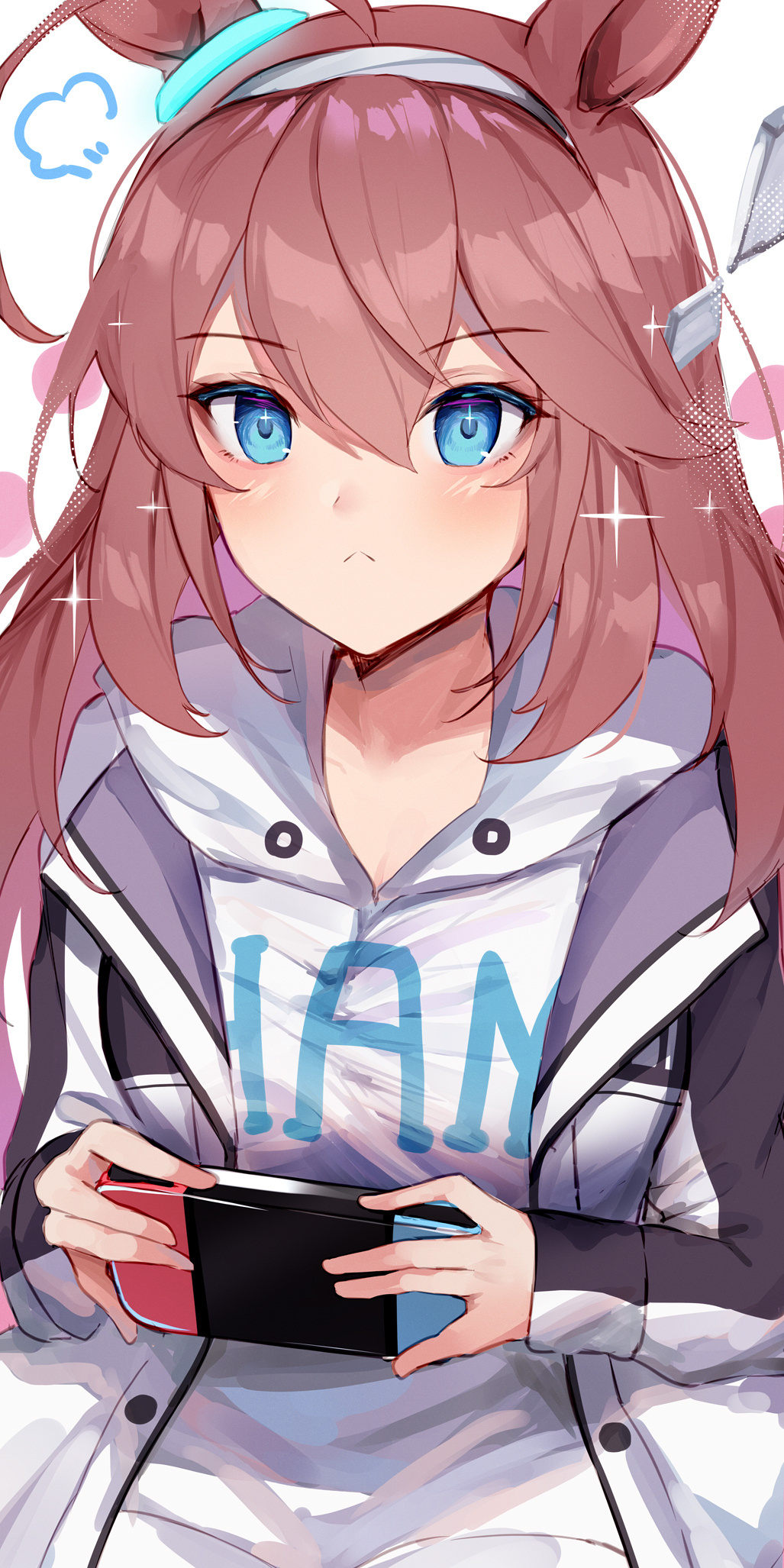 1girl, animal_ears, blue_eyes, brown_hair, eyebrows_visible_through_hair, hair_between_eyes, handheld_game_console, highres
