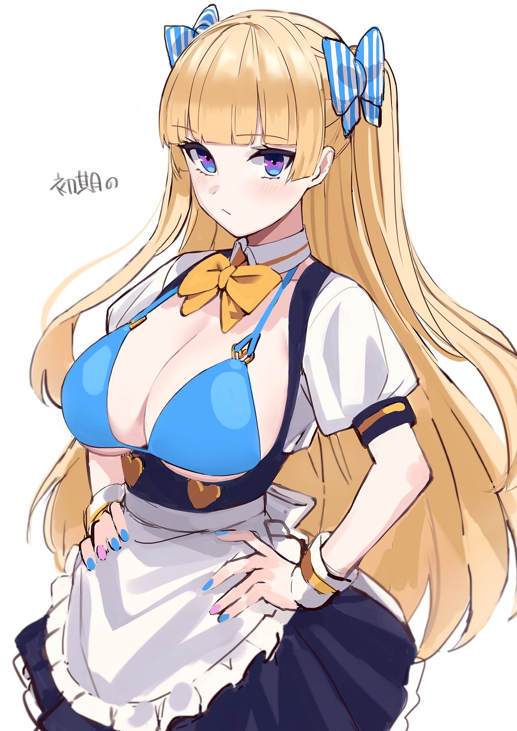 1girl, apron, bangs, bikini, bikini_top, blonde_hair, blue_bikini, blue_eyes