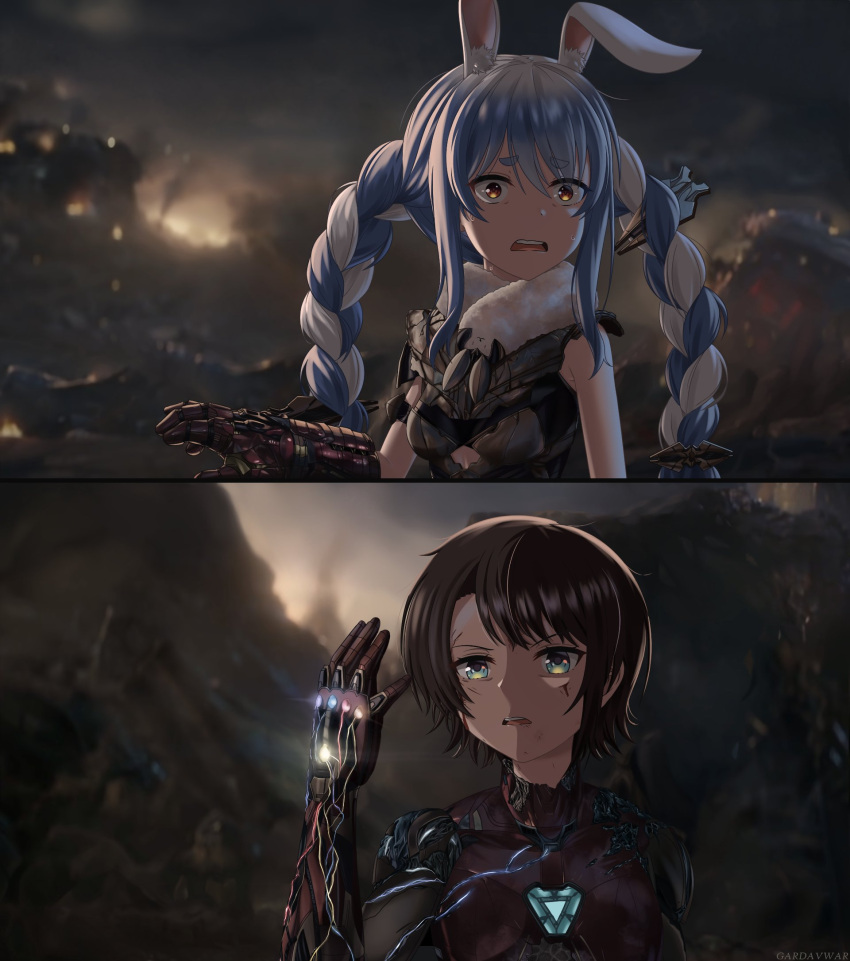 2girls, animal_ears, avengers, avengers:_infinity_war, bangs, blue_hair, braid, breasts