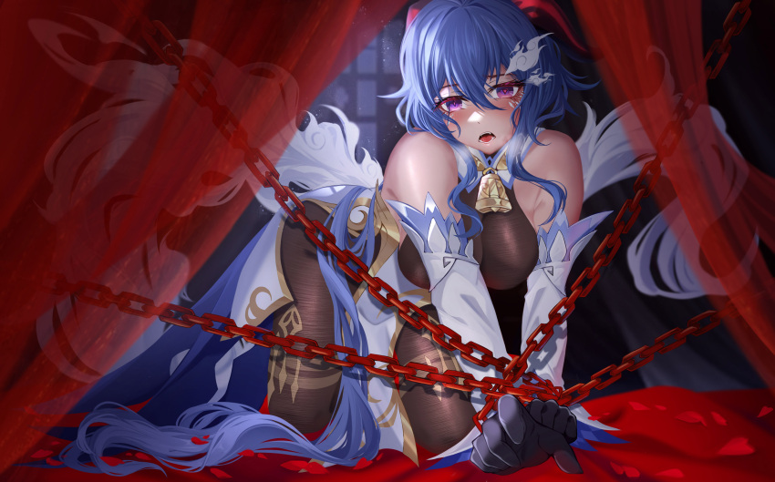 333_(pixiv8601259), absurdres, all_fours, black_legwear, blue_hair, blush, breasts, chained_wrists
