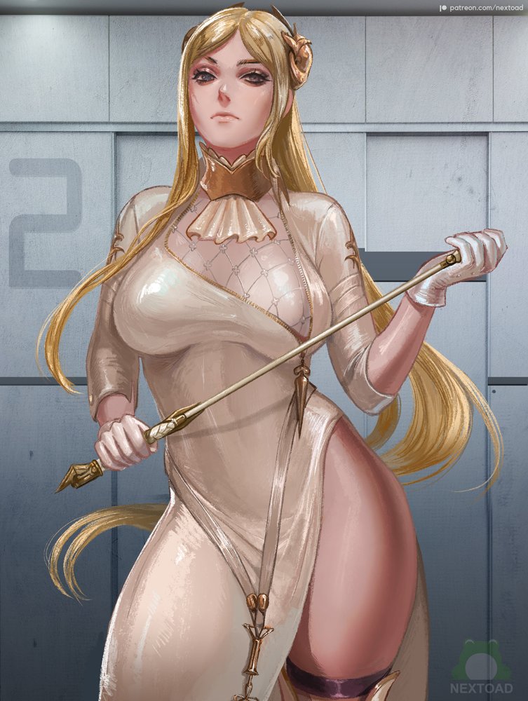 1girl, blonde_hair, breasts, dress, gloves, grey_eyes, large_breasts, long_hair