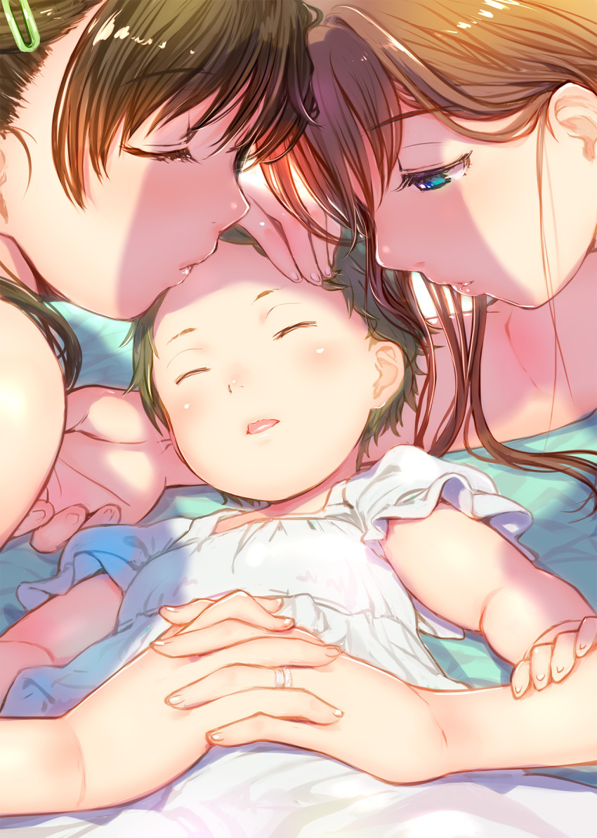 3girls, baby, blue_eyes, brown_hair, closed_eyes, eyebrows_visible_through_hair, forehead_kiss, highres