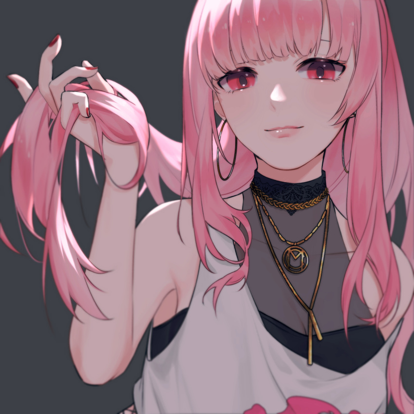 1girl, bracelet, collarbone, earrings, eyebrows_behind_hair, grey_background, highres, holding