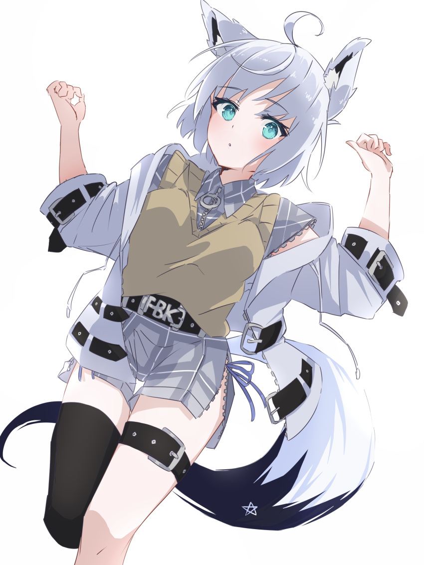 1girl, :o, absurdres, ahoge, animal_ear_fluff, arms_up, belt, black_legwear