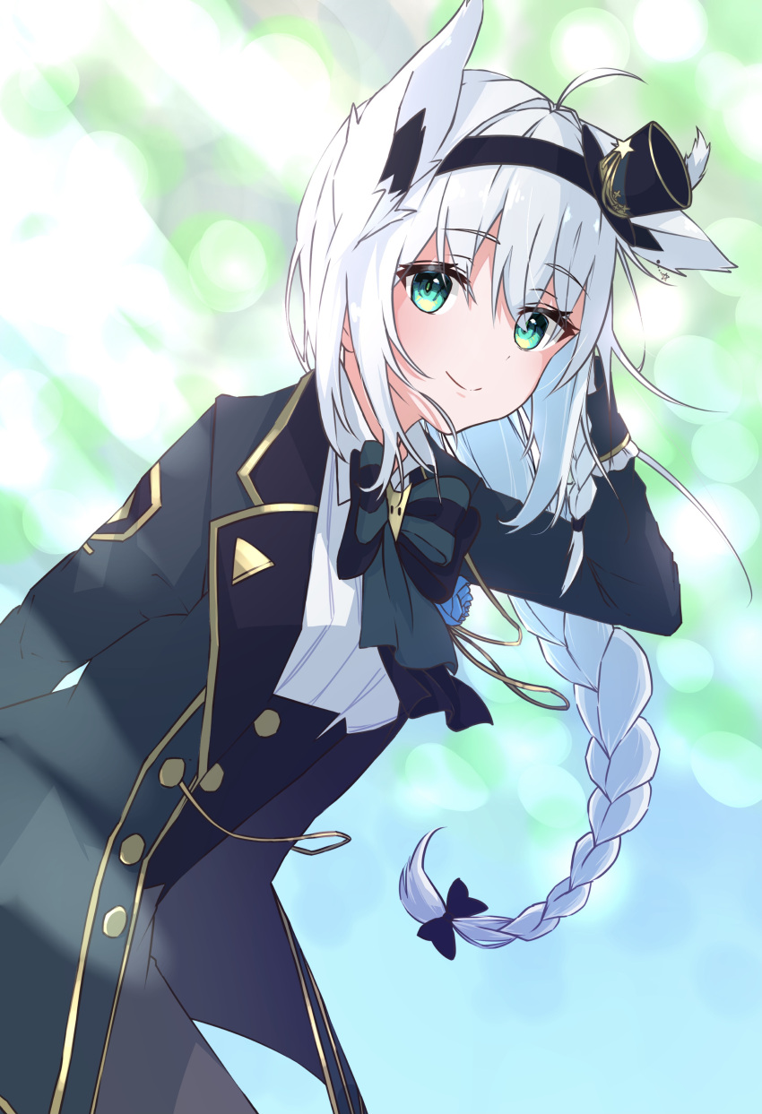 1girl, absurdres, ahoge, animal_ears, bangs, blue_jacket, blurry, blurry_background, braid, braided_ponytail, commentary_request, eyebrows_visible_through_hair, fox_ears, fox_girl, green_eyes, grey_skirt, hair_between_eyes, hairband, hand_in_hair, hat, highres, hololive, jacket, light_rays, looking_at_viewer, mini_hat, oninome_tsuki, open_clothes, open_jacket, shirakami_fubuki, shirt, sidelocks, single_braid, skirt, smile, solo, white_hair, white_shirt