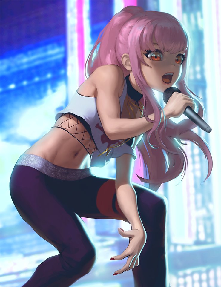 1girl, bangs, black_legwear, breasts, eyebrows_behind_hair, floating_hair, hair_behind_ear, hip_hop