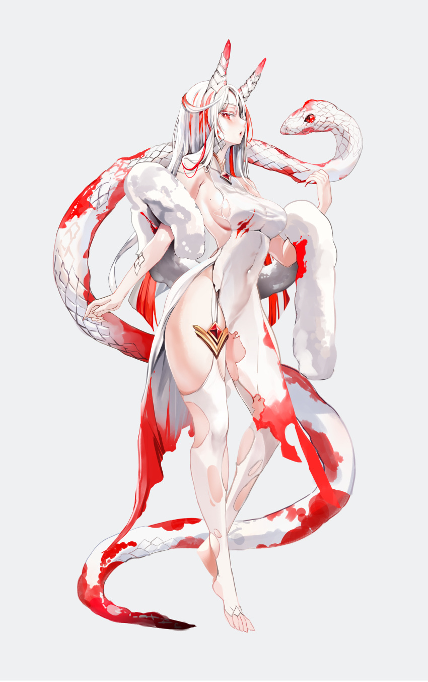 1girl, absurdres, bare_shoulders, barefoot, breasts, covered_navel, dress, full_body