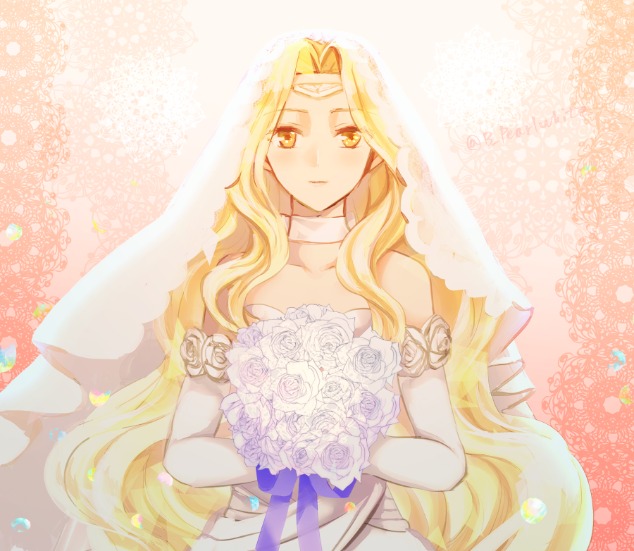 1girl, blonde_hair, blush, bouquet, bridal_veil, circlet, dress, edain_(fire_emblem)