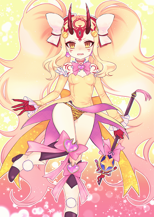 1girl, animal_print, big_hair, blonde_hair, boots, breasts, detached_collar, detached_sleeves