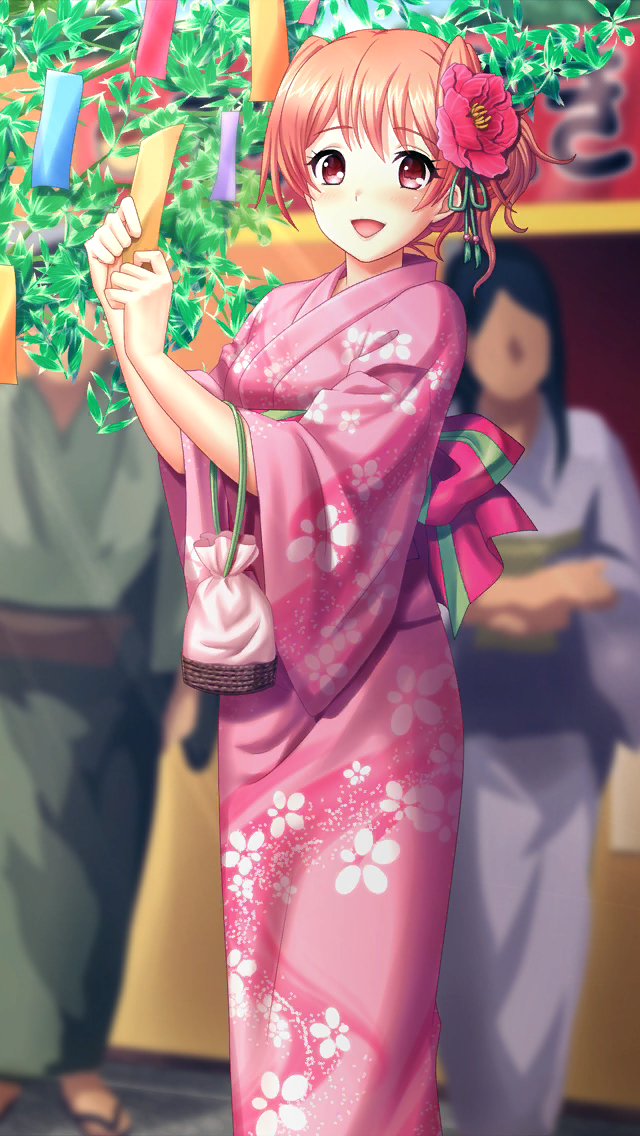 1girl, :d, bangs, doukyuusei_another_world, floral_print, flower, game_cg, green_ribbon