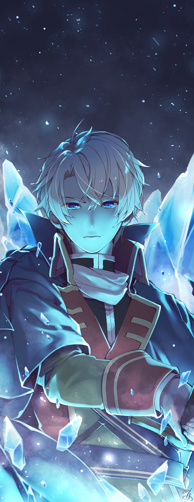 1boy, alberto_hawk, blue_eyes, hair_between_eyes, ice, long_sleeves, looking_at_viewer, male_focus, misono_mitama, seijo_no_maryoku_wa_bannou_desu, sheath, short_hair, solo, sword, unsheathing, weapon