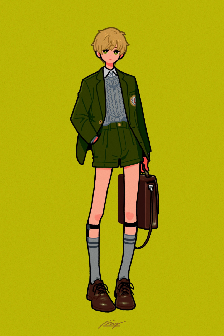 1boy, absurdres, bag, black_footwear, black_jacket, black_shorts, blonde_hair, collared_shirt, full_body, green_background, green_eyes, grey_legwear, grey_sweater, hand_in_pocket, highres, holding, holding_bag, jacket, looking_at_viewer, original, shirt, shoes, short_hair, shorts, simple_background, socks, solo, standing, sweater, white_shirt, yoshi_mi_yoshi
