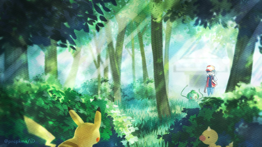 1boy, artist_name, baseball_cap, bulbasaur, bush, commentary_request, day, forest