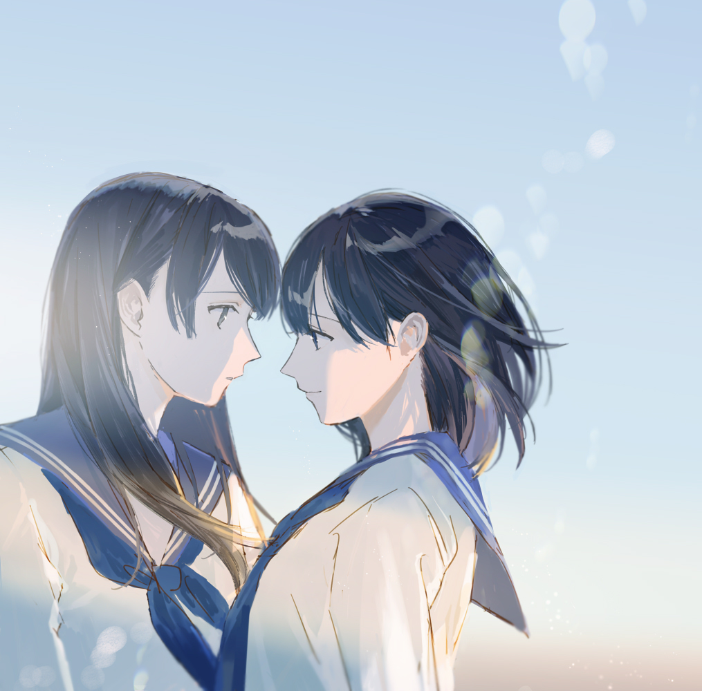 2girls, black_hair, blouse, blue_eyes, blue_neckwear, blue_sailor_collar, blue_sky, closed_mouth