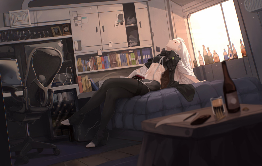 1girl, absurdres, ak-alfa_(girls_frontline), alcohol, backlighting, bedroom, beer, beer_bottle