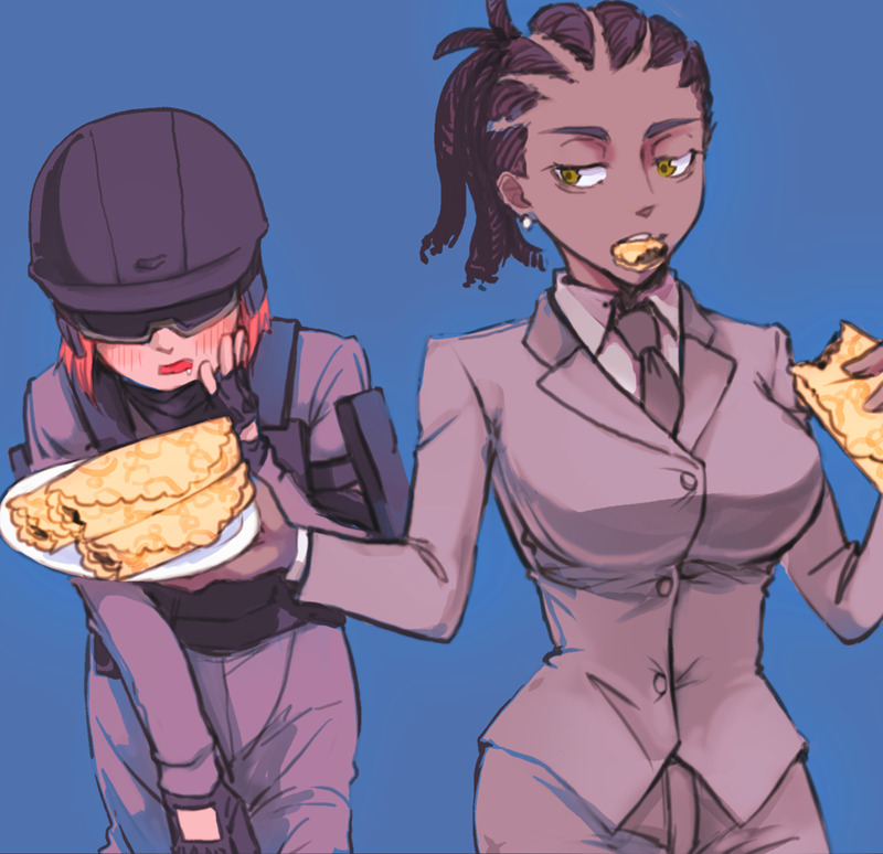 2girls, black_gloves, black_hair, black_neckwear, blue_background, blush, brown_eyes, collared_shirt, cornrows, cowboy_shot, dark_skin, dark-skinned_female, earrings, eating, fingerless_gloves, food, gloves, grey_jacket, grey_pants, hand_up, helltaker, helmet, holding, holding_food, jacket, jewelry, multiple_girls, orange_hair, pancake, pants, plate, police_(helltaker), police_swat_(helltaker), shirt, simple_background, sunglasses, uesakomika, white_shirt
