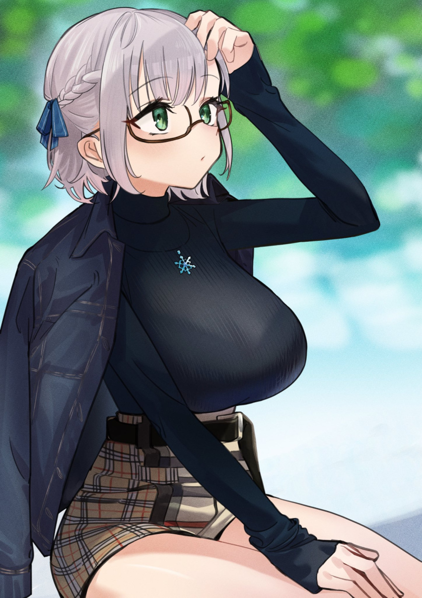 1girl, alternate_costume, belt, black-framed_eyewear, black_belt, blue_jacket, blue_ribbon, blue_sweater, blurry, blurry_background, blush, braid, breasts, closed_mouth, commentary, cowboy_shot, day, denim, denim_jacket, expressionless, eyebrows_visible_through_hair, french_braid, glasses, green_eyes, hair_ribbon, hand_in_hair, hand_on_lap, highres, holding, holding_hair, hololive, jacket, jacket_on_shoulders, jewelry, large_breasts, long_sleeves, looking_up, miniskirt, necklace, outdoors, plaid, plaid_skirt, ribbed_sweater, ribbon, semi-rimless_eyewear, shirogane_noel, short_hair, silver_hair, skirt, snowflake_necklace, solo, sweater, sweater_tucked_in, taut_clothes, thighs, turtleneck, turtleneck_sweater, urokong, virtual_youtuber, yellow_skirt