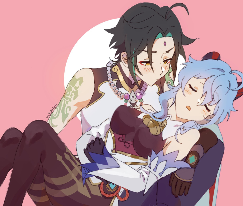 ahoge, arm_guards, arm_tattoo, asymmetrical_clothes, bangs, bead_necklace, beads, bell, black_gloves, black_hair, blue_hair, blush, bodystocking, bodysuit, breasts, brown_bodysuit, brown_leotard, chinese_knot, cowbell, detached_sleeves, diamond-shaped_pupils, diamond_(shape), eyeshadow, facial_mark, flower_knot, forehead_mark, ganyu_(genshin_impact), genshin_impact, gloves, goat_horns, gold_trim, green_hair, highres, horns, jewelry, kleahvii, leotard, leotard_under_clothes, long_hair, low_ponytail, makeup, multicolored_hair, necklace, parted_bangs, red_eyeshadow, short_hair, short_hair_with_long_locks, shoulder_pads, shoulder_spikes, sidelocks, sleeping, slit_pupils, small_breasts, spikes, symbol-shaped_pupils, tattoo, two-tone_hair, violet_eyes, vision_(genshin_impact), xiao_(genshin_impact), yellow_eyes