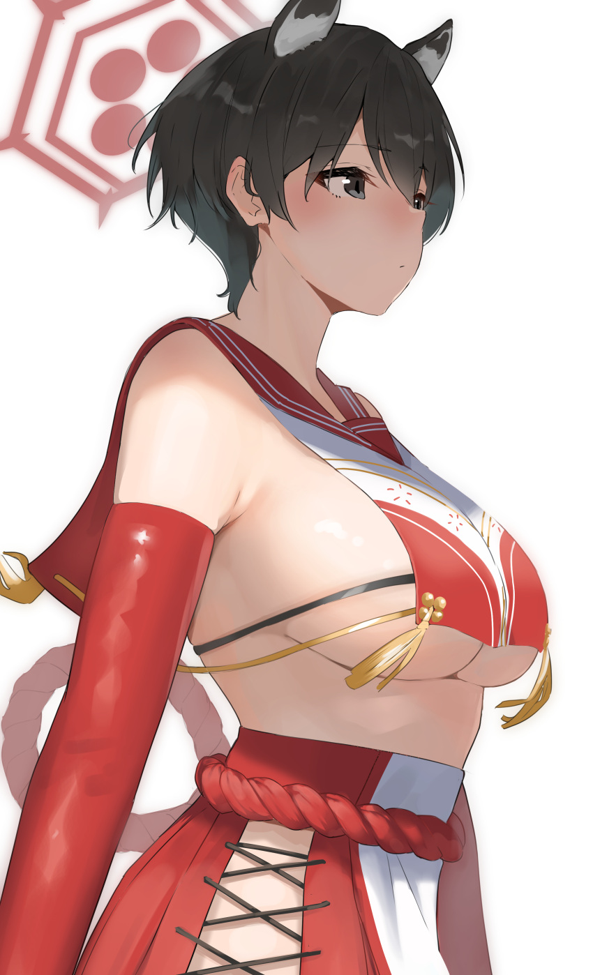 1girl, absurdres, animal_ears, bare_shoulders, black_hair, blue_archive, breast_curtain, breasts