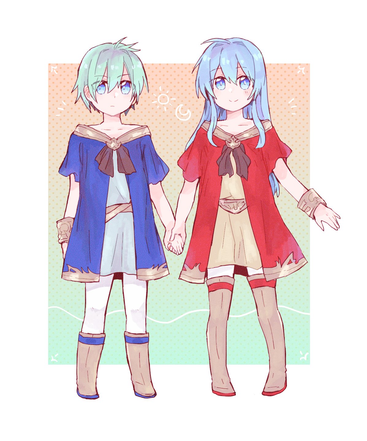 1boy, 1girl, :|, aqua_eyes, aqua_hair, bangs, boots, bracelet