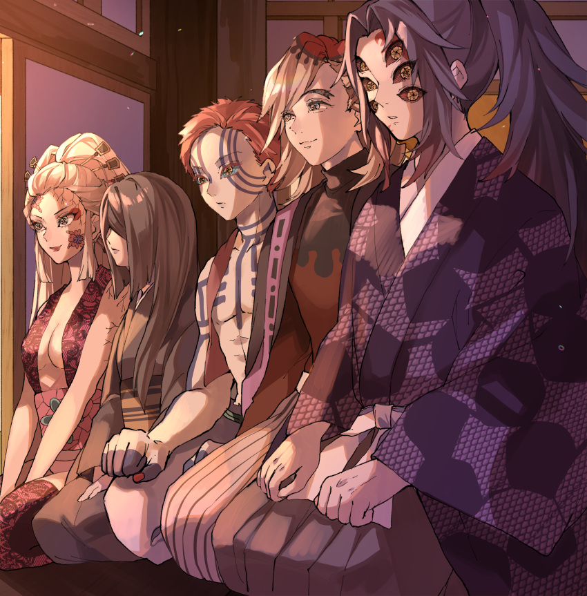 2girls, 3boys, absurdres, akaza_(kimetsu_no_yaiba), bangs, black_hair, blonde_hair, body_markings