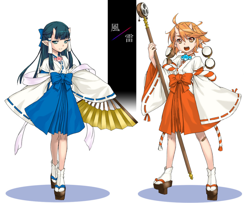 adapted_uniform, bandaid, blue_hair, blue_oni, brown_eyes, brown_hair, clog_sandals, demon_girl