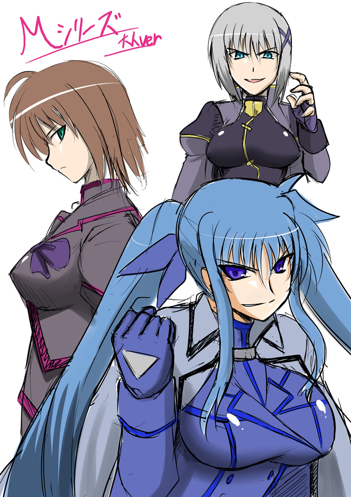 blue_eyes, blue_hair, breasts, brown_hair, fingerless_gloves, gloves, green_eyes, grey_hair